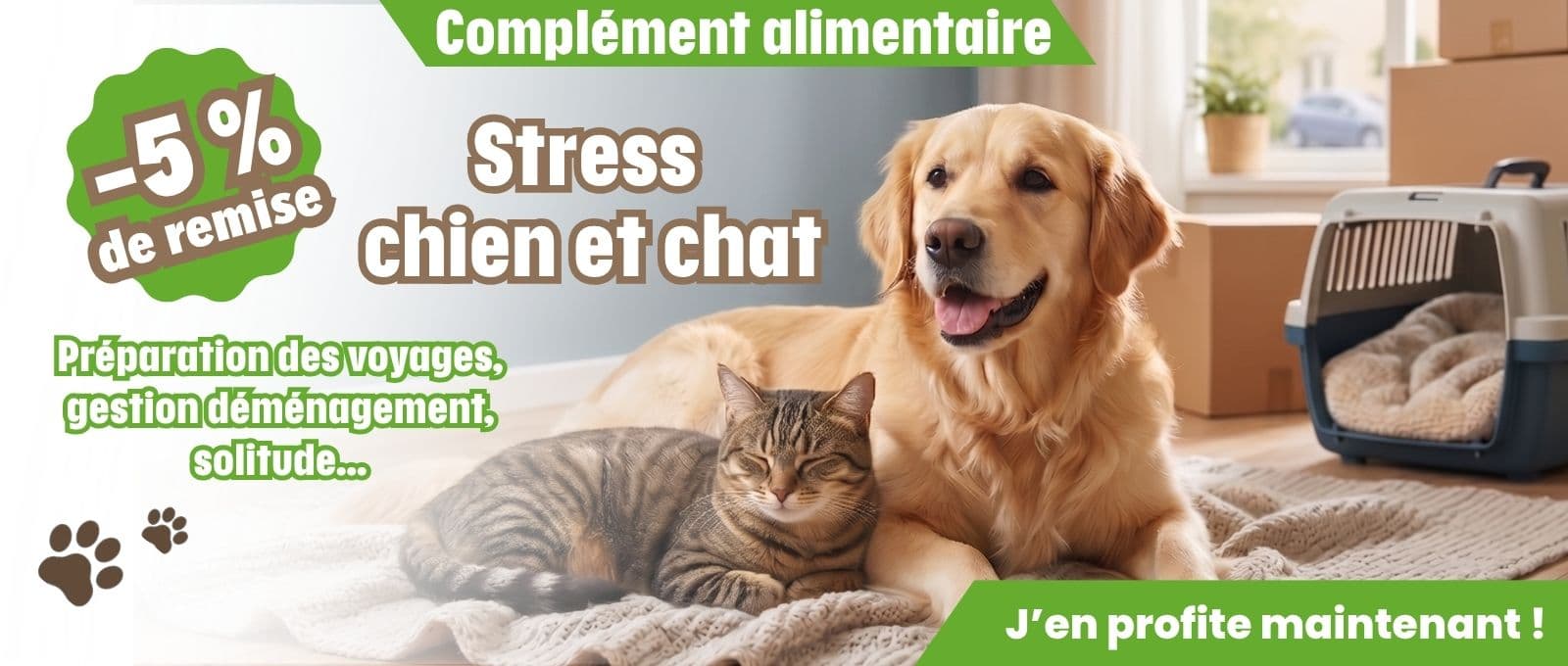 5% de réduction pour le stress du chien et chat : préparation des voyages, gestion déménagement, solitude ...