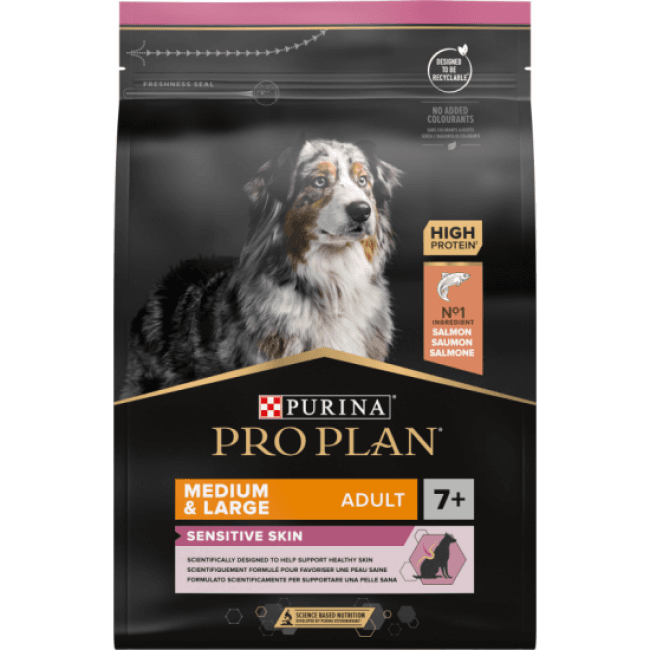 Croquettes Pro Plan chien Senior OptiDerma M/L Sensitive skin au saumon sac de 14 kg